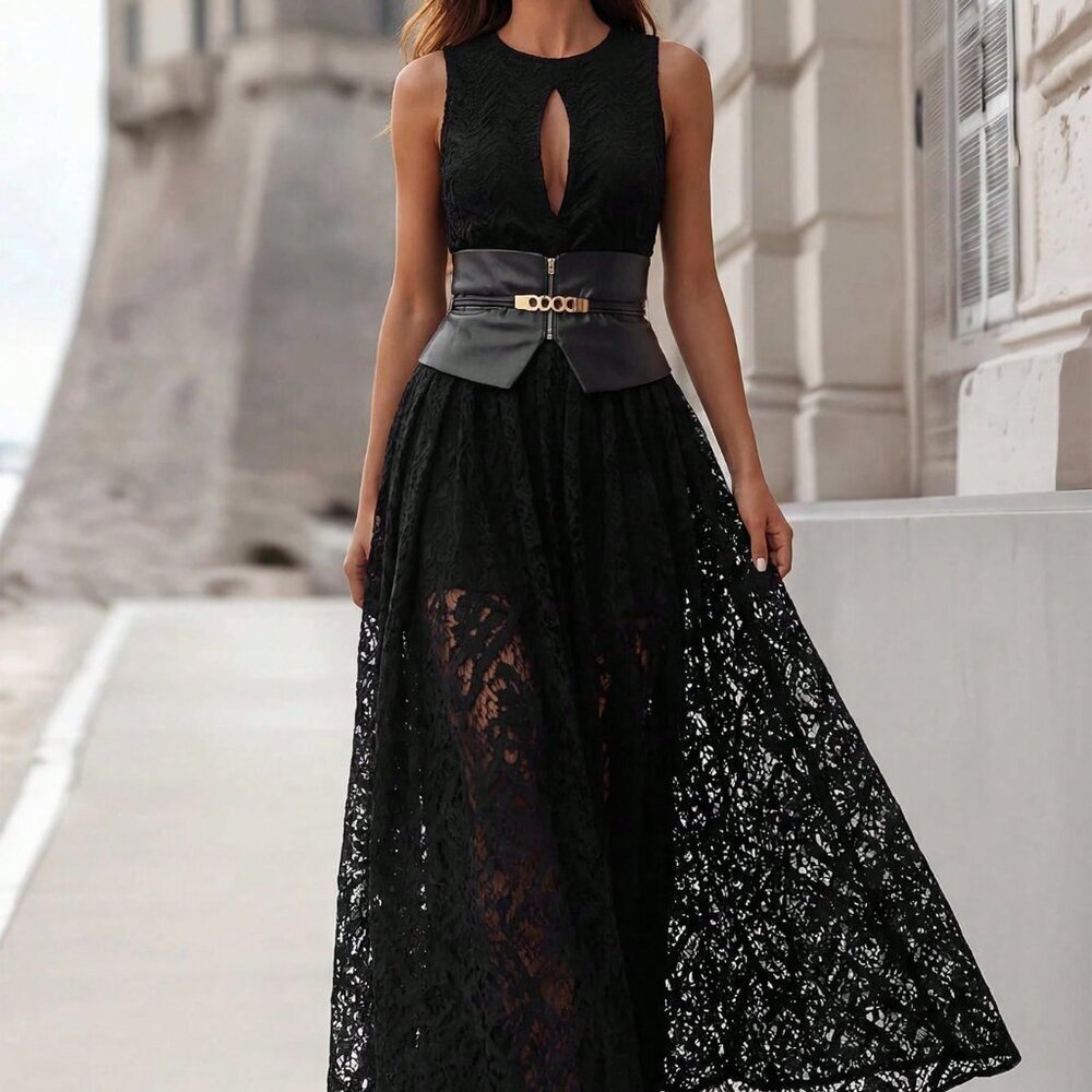 Black Elegant Women's Sexy Sleeveless Lace Front Cutout Maxi Dress - Picture 4 of 7